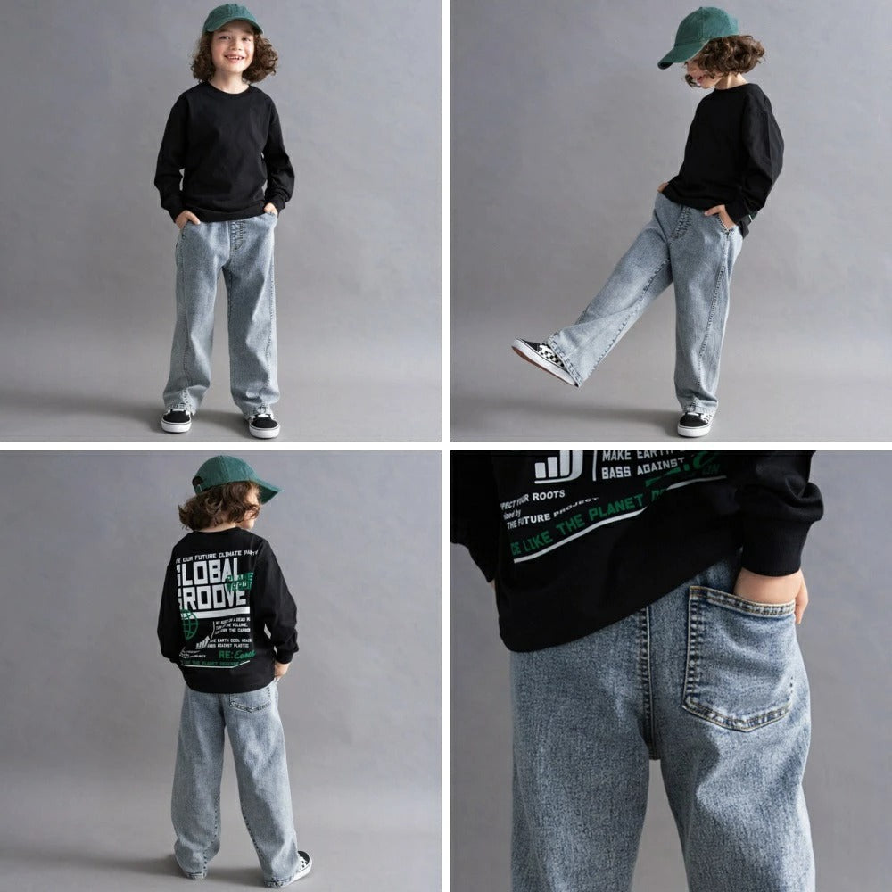 日本童裝 Branshes 牛仔寬腿直筒長褲 100-160cm 男童款/女童款 秋季 PANTS