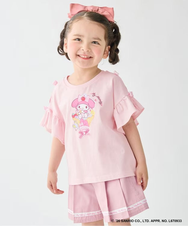 日本童裝 aF#a325 x Sanrio 接觸冷感 蝴蝶結花邊袖上衣 90-150cm 女童款 夏季 TOPS