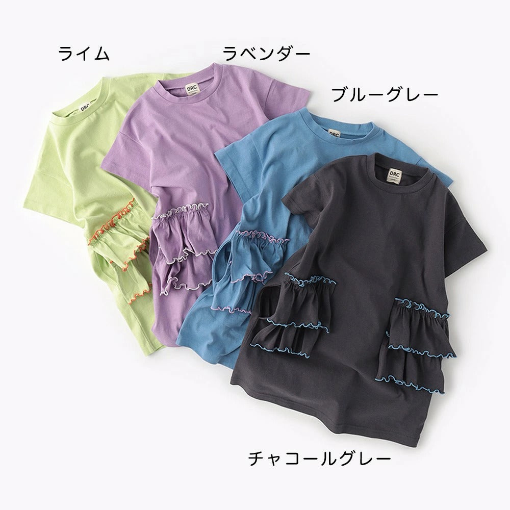 日本童裝 Branshes 撞色荷葉邊短袖連身裙 100-150cm 女童款 夏季 DRESSES