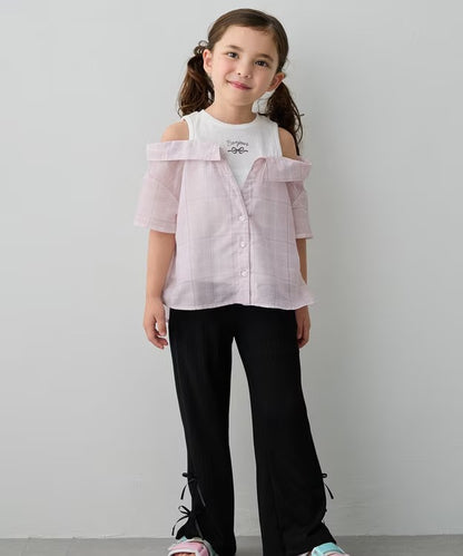 日本童裝 aF#a325 接觸冷感 露肩拼接格紋襯衫 110-150cm 女童款 夏季 TOPS (副本)