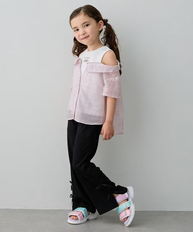 日本童裝 aF#a325 接觸冷感 露肩拼接格紋襯衫 110-150cm 女童款 夏季 TOPS (副本)
