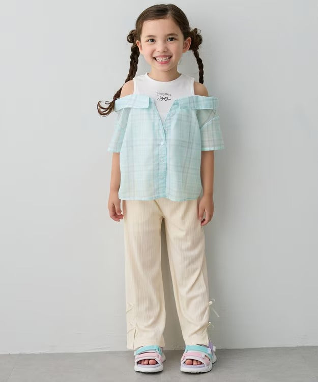 日本童裝 aF#a325 接觸冷感 露肩拼接格紋襯衫 110-150cm 女童款 夏季 TOPS (副本)