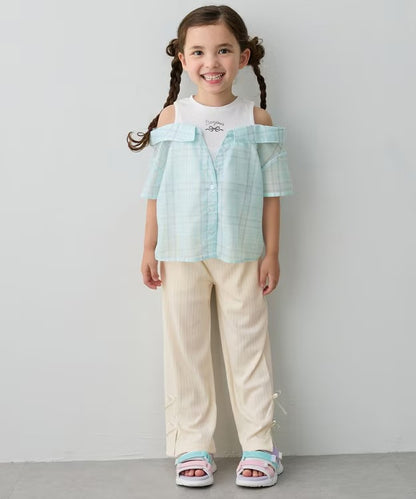日本童裝 aF#a325 接觸冷感 露肩拼接格紋襯衫 110-150cm 女童款 夏季 TOPS (副本)
