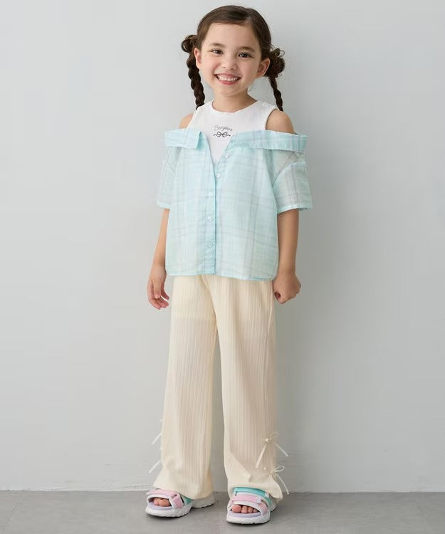 日本童裝 aF#a325 接觸冷感 露肩拼接格紋襯衫 110-150cm 女童款 夏季 TOPS (副本)
