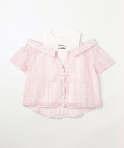 日本童裝 aF#a325 接觸冷感 露肩拼接格紋襯衫 110-150cm 女童款 夏季 TOPS (副本)