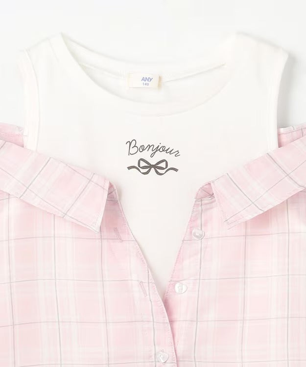 日本童裝 aF#a325 接觸冷感 露肩拼接格紋襯衫 110-150cm 女童款 夏季 TOPS (副本)