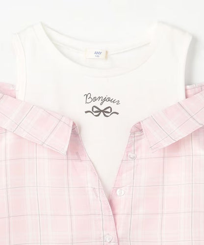 日本童裝 aF#a325 接觸冷感 露肩拼接格紋襯衫 110-150cm 女童款 夏季 TOPS (副本)