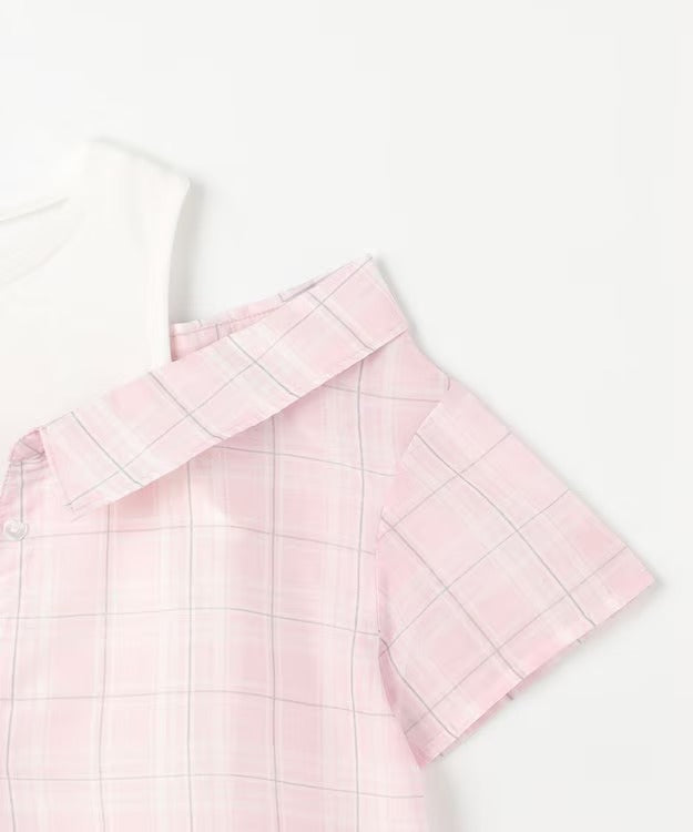 日本童裝 aF#a325 接觸冷感 露肩拼接格紋襯衫 110-150cm 女童款 夏季 TOPS (副本)