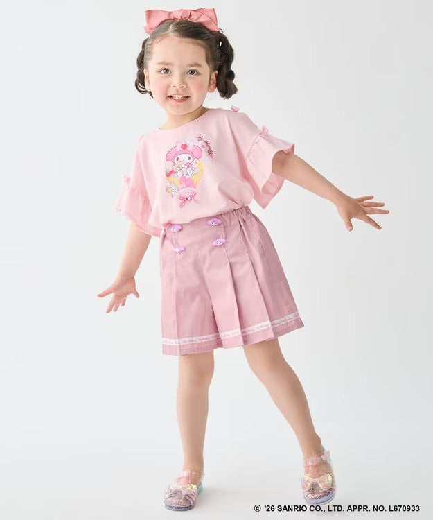 日本童裝 aF#a325 x Sanrio 接觸冷感 蝴蝶結花邊袖上衣 90-150cm 女童款 夏季 TOPS