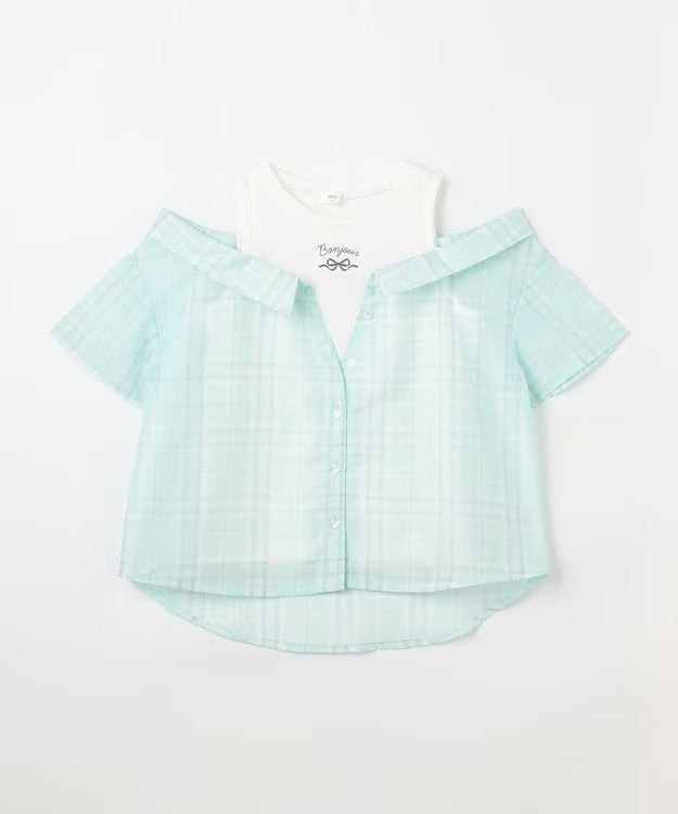 日本童裝 aF#a325 接觸冷感 露肩拼接格紋襯衫 110-150cm 女童款 夏季 TOPS (副本)