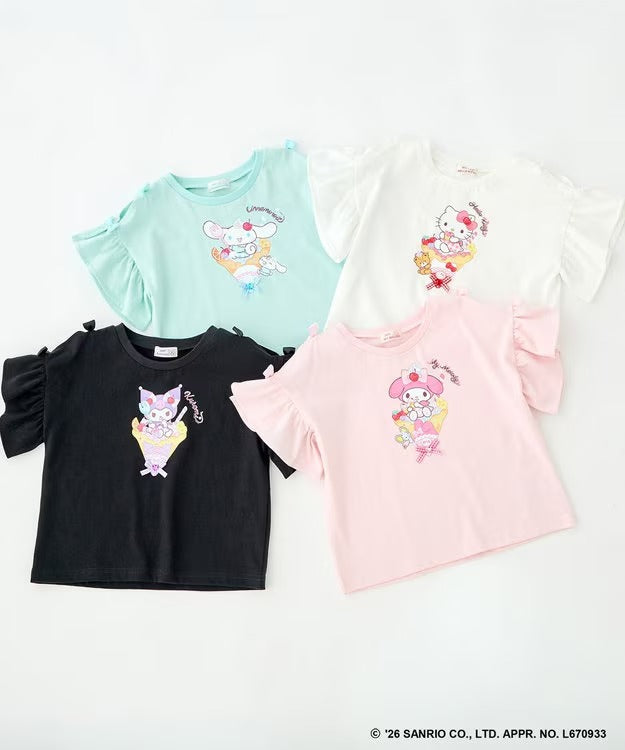 日本童裝 aF#a325 x Sanrio 接觸冷感 蝴蝶結花邊袖上衣 90-150cm 女童款 夏季 TOPS