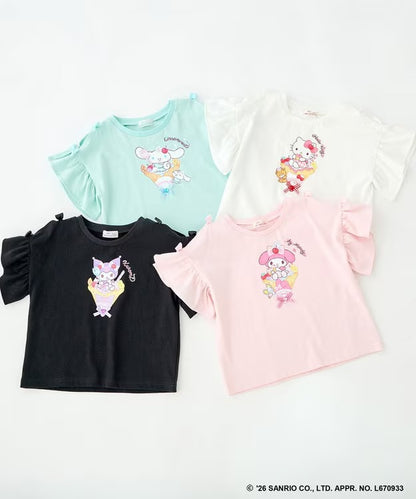日本童裝 aF#a325 x Sanrio 接觸冷感 蝴蝶結花邊袖上衣 90-150cm 女童款 夏季 TOPS