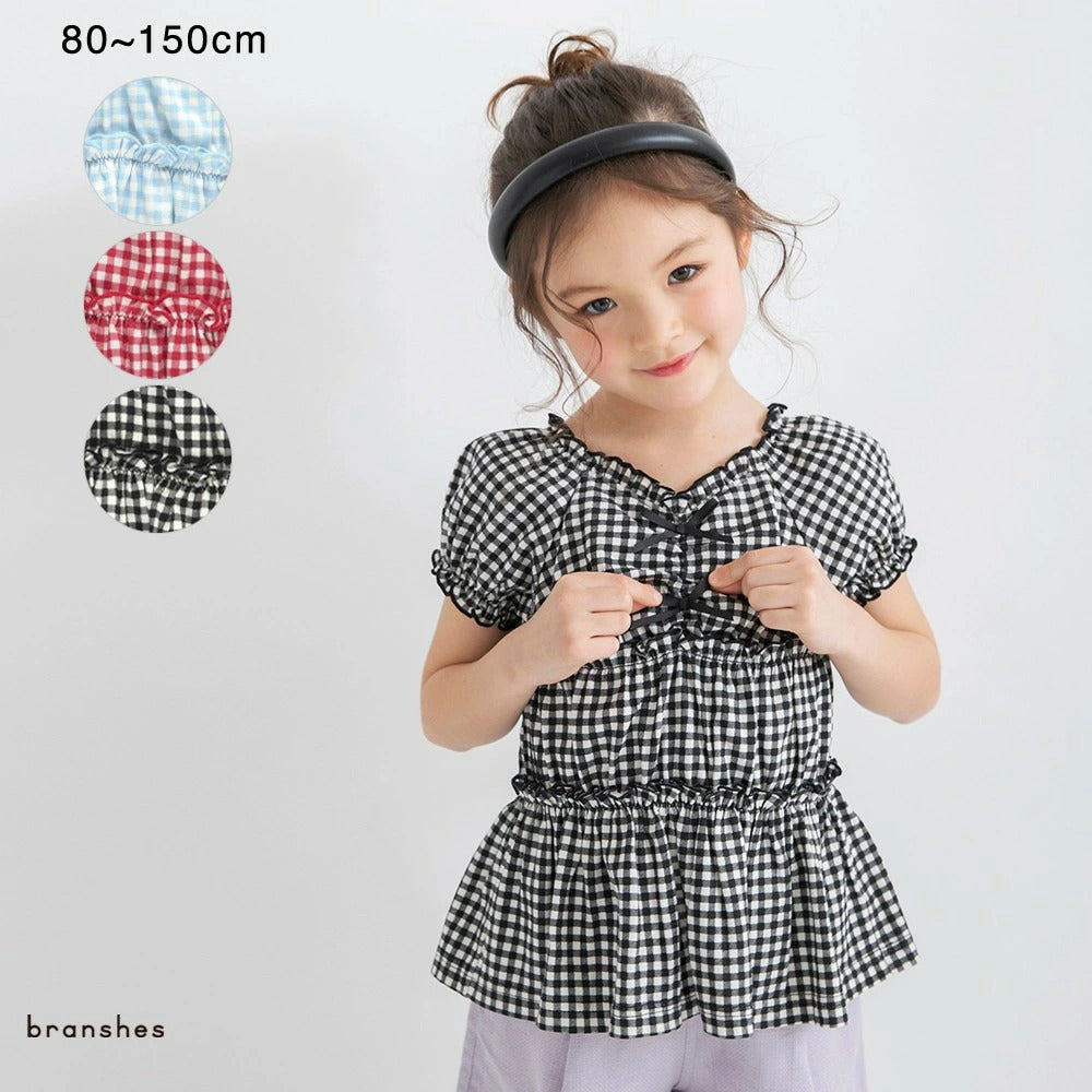 日本童裝 Branshes 蝴蝶結格紋襯衫 80-150cm 女童款 夏季 TOPS