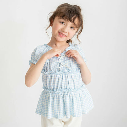 日本童裝 Branshes 蝴蝶結格紋襯衫 80-150cm 女童款 夏季 TOPS