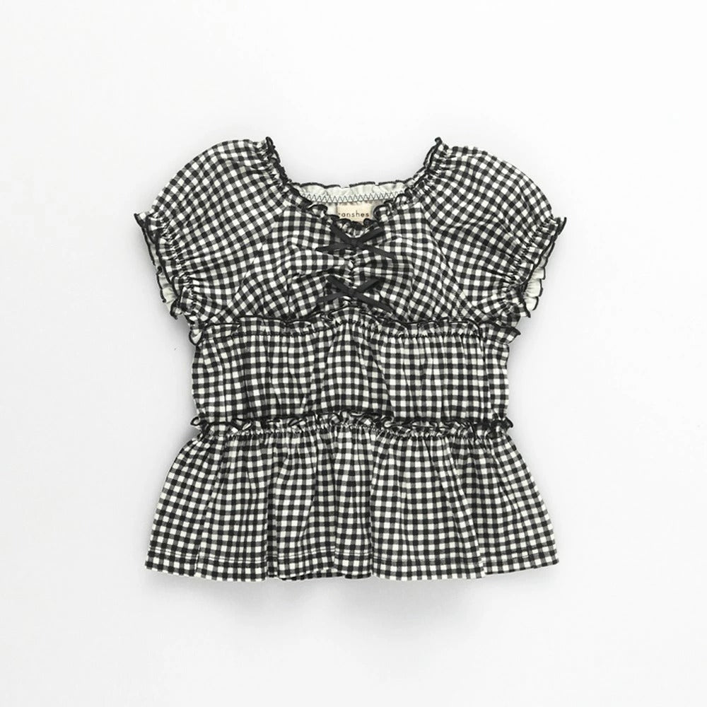 日本童裝 Branshes 蝴蝶結格紋襯衫 80-150cm 女童款 夏季 TOPS