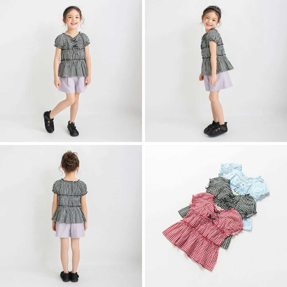日本童裝 Branshes 蝴蝶結格紋襯衫 80-150cm 女童款 夏季 TOPS