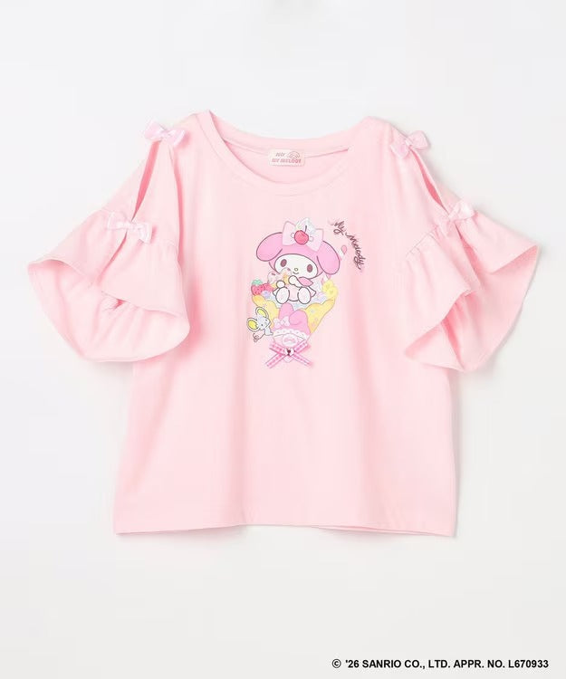 日本童裝 aF#a325 x Sanrio 接觸冷感 蝴蝶結花邊袖上衣 90-150cm 女童款 夏季 TOPS