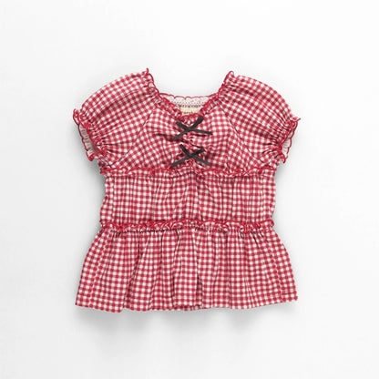 日本童裝 Branshes 蝴蝶結格紋襯衫 80-150cm 女童款 夏季 TOPS