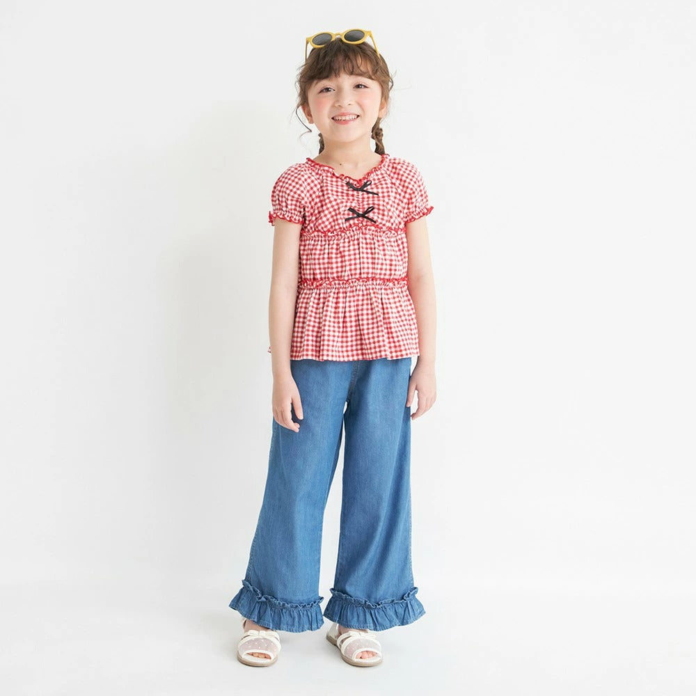 日本童裝 Branshes 蝴蝶結格紋襯衫 80-150cm 女童款 夏季 TOPS