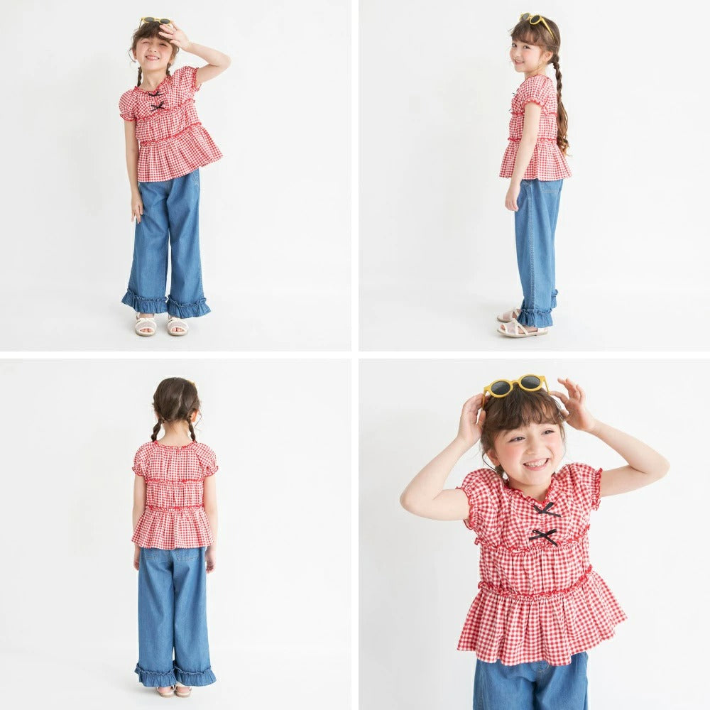 日本童裝 Branshes 蝴蝶結格紋襯衫 80-150cm 女童款 夏季 TOPS