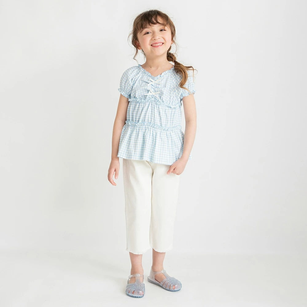 日本童裝 Branshes 蝴蝶結格紋襯衫 80-150cm 女童款 夏季 TOPS