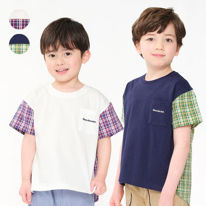 Japanese Moujonjon Checkered Patchwork Top 80-140cm Boys Summer TOPS 