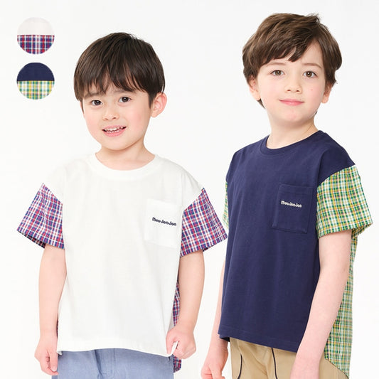 Japanese Moujonjon Checkered Patchwork Top 80-140cm Boys Summer TOPS 