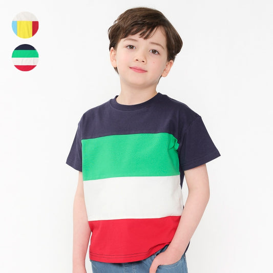 Japanese Moujonjon children's clothing contrast rainbow short-sleeved top 80-140cm boys' summer TOPS 
