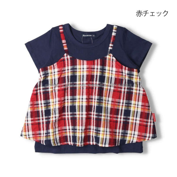 日本童裝 Moujonjon 假兩件格仔上衣 80-140cm 女童款 夏季 TOPS