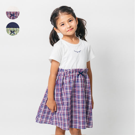 Japanese Moujonjon Checkered Patchwork Dress 80-140cm Girls Summer Dresses 