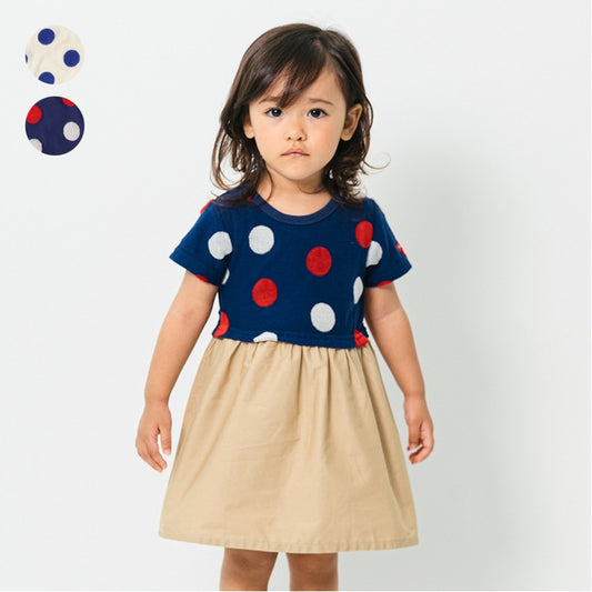 Japanese Moujonjon Polka Dot Splicing Dress 80-140cm Girls Summer Dresses 