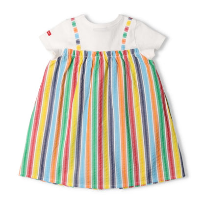 Japanese Moujonjon Fake Two-Piece Rainbow Striped Dress 80-140cm Girls Summer Dresses 