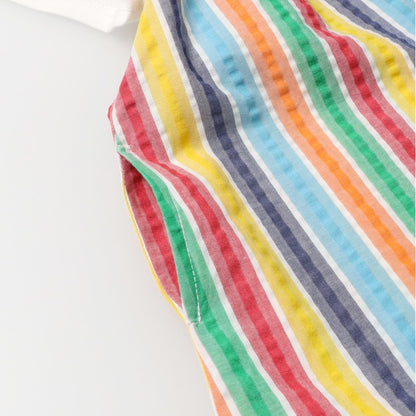 Japanese Moujonjon Fake Two-Piece Rainbow Striped Dress 80-140cm Girls Summer Dresses 