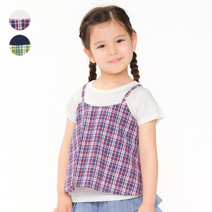 Japanese Moujonjon Checkered Fake Two-Piece Dress 80-140cm Girls Summer TOPS 