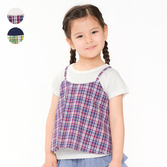 Japanese Moujonjon Checkered Fake Two-Piece Dress 80-140cm Girls Summer TOPS 