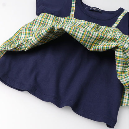 Japanese Moujonjon Checkered Fake Two-Piece Dress 80-140cm Girls Summer TOPS 