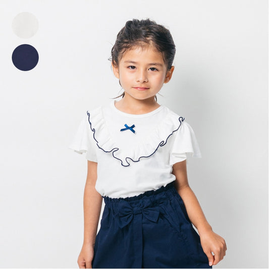 Japanese Moujonjon children's clothing bow ruffle short-sleeved top 80-140cm girls summer TOPS 