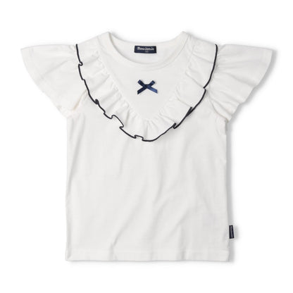 Japanese Moujonjon children's clothing bow ruffle short-sleeved top 80-140cm girls summer TOPS 