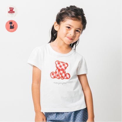 Japanese Moujonjon Bear and Cat Applique Short Sleeve Top 80-140cm Girls Summer TOPS 