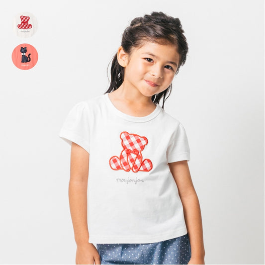 Japanese Moujonjon Bear and Cat Applique Short Sleeve Top 80-140cm Girls Summer TOPS 
