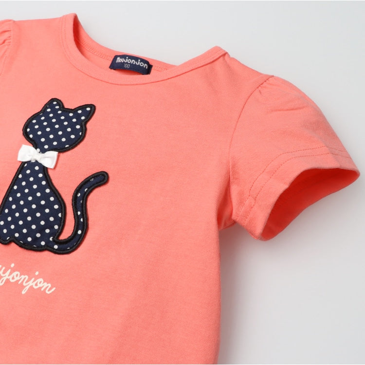 Japanese Moujonjon Bear and Cat Applique Short Sleeve Top 80-140cm Girls Summer TOPS 