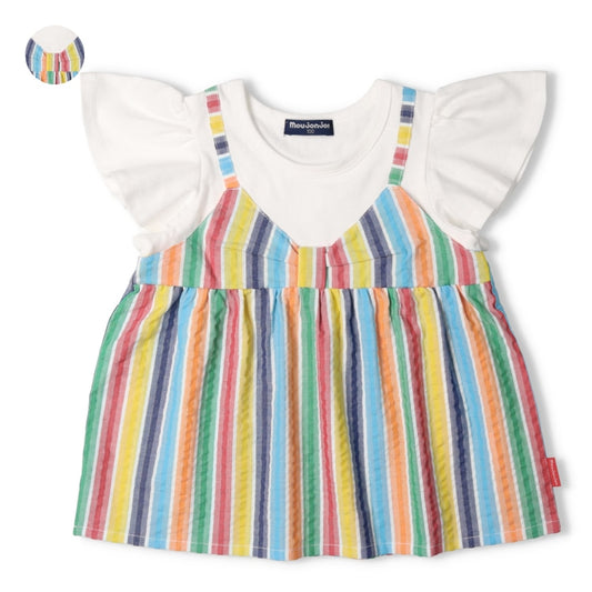 Japanese Moujonjon children's clothing colorful striped fake two-piece top 80-140cm girls summer TOPS 
