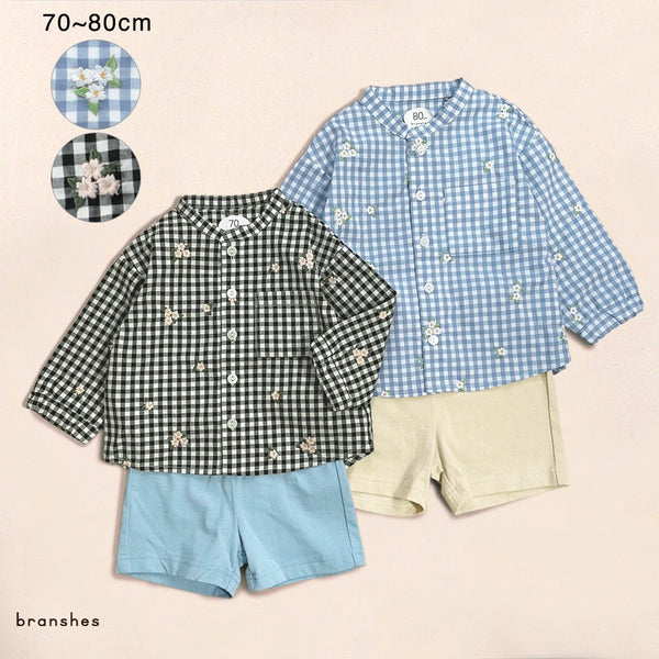 日本童裝 Branshes 櫻花刺繡襯衫短褲套裝 70-80cm 男童款 初生嬰兒 春季 TOPS PANTS