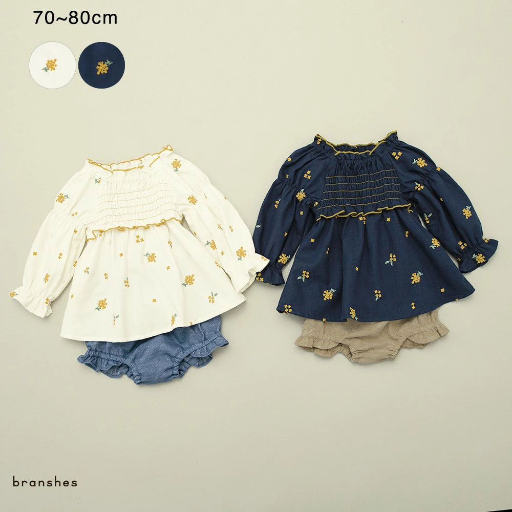 日本童裝 Branshes 金木樨刺繡兩件套裝 70-80cm 女童款 初生嬰兒 秋冬季 TOPS PANTS