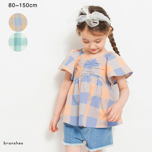Japanese children's clothing Branches plaid waist top 80-150cm girls summer TOPS 