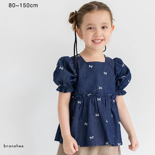 日本童裝 Branshes 蝴蝶結刺繡牛仔上衣 80-150cm 女童款 秋季 TOPS