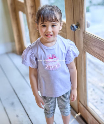 Japanese children's clothing aF#a325 lace sleeve cake print short-sleeved top 90-160cm girls summer TOPS 