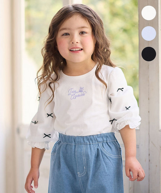 Japanese children's clothing aF#a325 Bow Puff Sleeve Top 110-160cm Girls Summer TOPS 