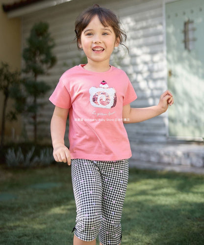 Japanese children's clothing aF#a325 sequined short-sleeved top 100-150cm girls summer TOPS 