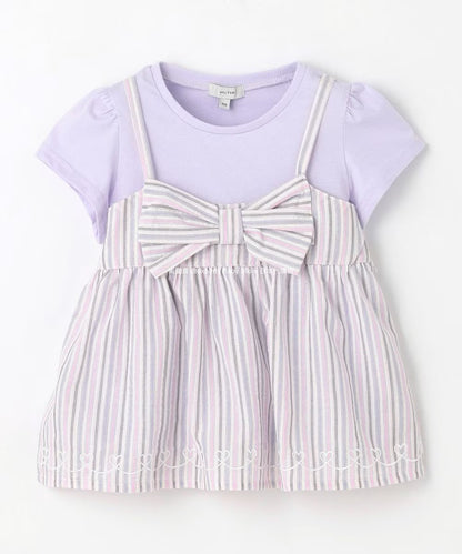 Japanese children's clothing aF#a325 Bowknot fake two-piece top 90-160cm girls summer TOPS 